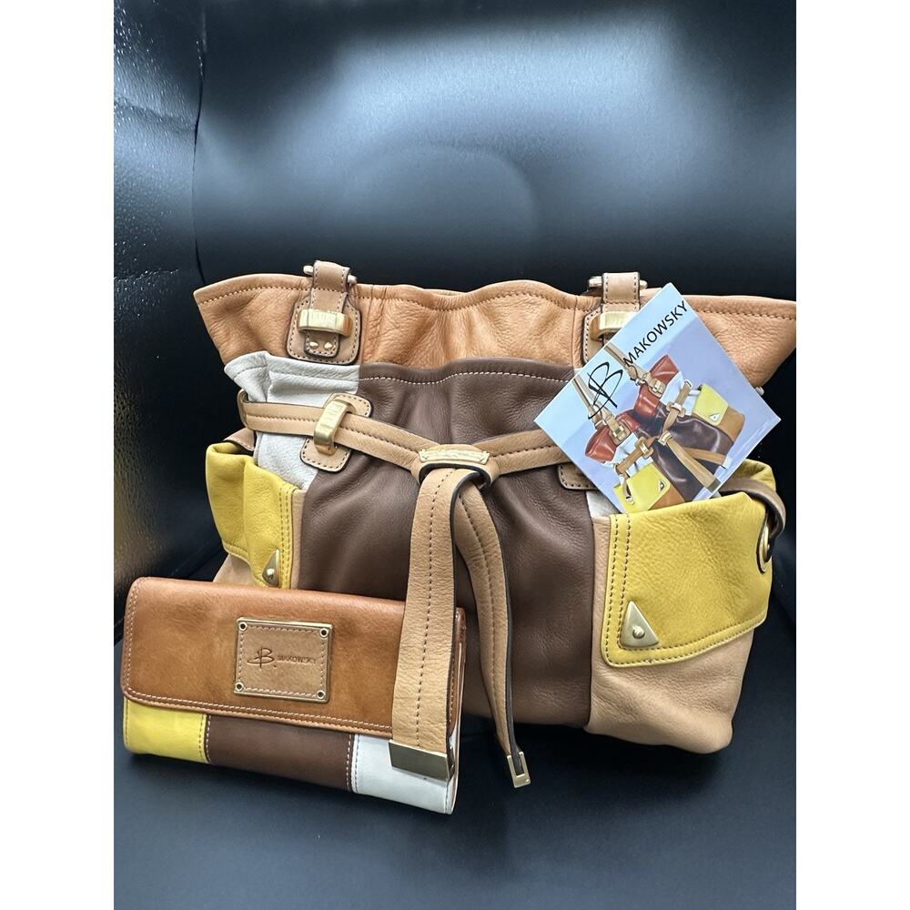 B. Makowsky Colorblock Leather Shoulder Bag Brown Tan Yellow + Wallet Set